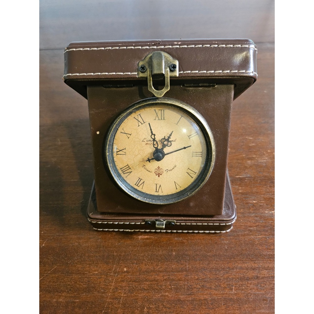 L'amour Travel Alarm Clock Brown Faux Leather Folding Case Vintage Style